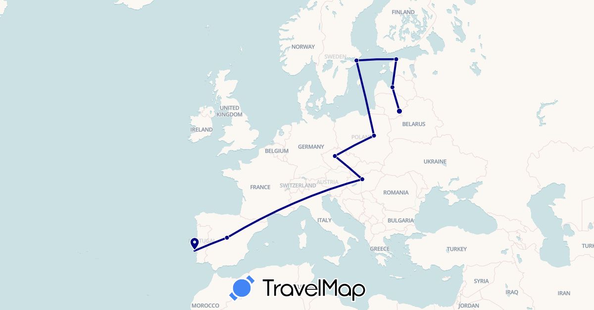 TravelMap itinerary: driving in Czech Republic, Estonia, Spain, Hungary, Lithuania, Latvia, Poland, Portugal, Sweden (Europe)